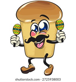 cute rum baba cake cartoon mascot character have moustache playing maracas, vector illustration, work of hand drawn
