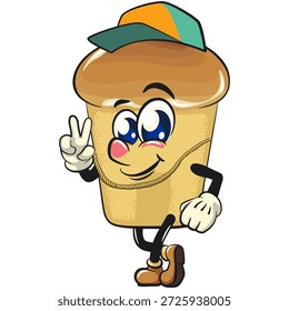 bonitinho rum baba bolo personagem mascote de desenho animado vestindo um chapéu estilo hip-hop e vestindo um colar de ouro brilhante, ilustração vetorial, trabalho de mão desenhada