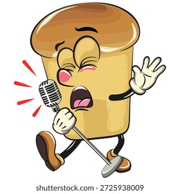 Personaje lindo del personaje de la mascota de la historieta del pastel de baba del ron que canta con gran emoción, Ilustración vectorial, trabajo de dibujado a mano
