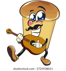 Personaje lindo de la mascota de la historieta del pastel de baba del ron tiene el bigote que juega la Ilustración vectorial con la guitarra sonriente, trabajo de la mano dibujada