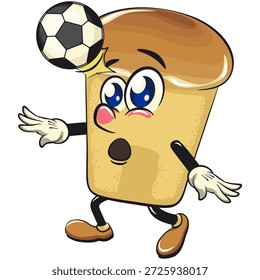 bonitinho rum baba bolo personagem mascote de desenho animado encabeçando um futebol ou futebol, ilustração vetorial, trabalho de mão desenhada