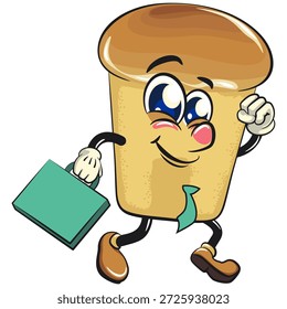 cute rum baba cake cartoon mascot character with a suitcase rushing to the office, vector illustration, work of hand drawn