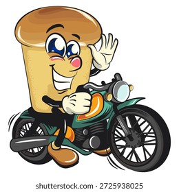 cute rum baba cake cartoon mascot character riding a big motorcycle with smiling vector illustration, work of hand drawn