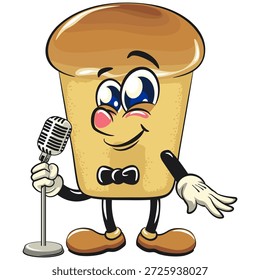bonitinho rum baba bolo personagem mascote de desenho animado na frente do microfone com ilustração vetor sorridente, trabalho de mão desenhada