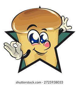 lindo personaje de la mascota de la historieta de la torta del baba del ron fuera de una estrella dando una señal aceptable, Ilustración vectorial, trabajo de dibujado a mano