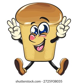 bonitinho rum baba bolo personagem mascote de desenho animado com grande sorriso levantando duas mãos em sinal de paz enquanto saltando alegremente, ilustração vetorial, trabalho de mão desenhada