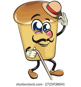 cute rum baba cake cartoon mascot character carrying a stick and saluting with raised hat, vector illustration, work of hand drawn