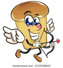 niedlichen Rum Baba Kuchen Cartoon Maskottchen Charakter werden ein Cupid mit Engel Flügel und den Pfeil der Liebe, Vektorgrafik, handgezeichnet