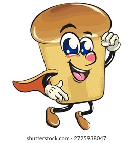 cute rum baba cake cartoon mascot character as flying superhero wearing a robe, vector illustration, work of hand drawn