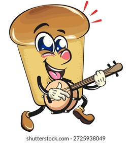 Personaje lindo de la mascota de la historieta de la torta del baba del ron que juega el instrumento musical del banjo con la Ilustración vectorial sonriente, trabajo de la mano dibujada