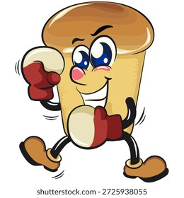 Personaje lindo de la mascota de la historieta del pastel de baba del ron que practica el boxeo que lleva el guante de boxeo, Ilustración vectorial, trabajo de dibujado a mano
