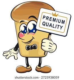 cute rum baba cake cartoon mascot character with a sign that says premium quality, vector illustration, work of hand drawn