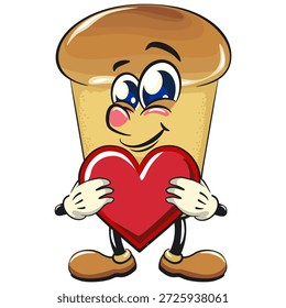 süßer Rum Baba Kuchen Cartoon Maskottchen Charakter halten das Herz mit Liebe mit lächelnden Vektorgrafik, handgezeichnet