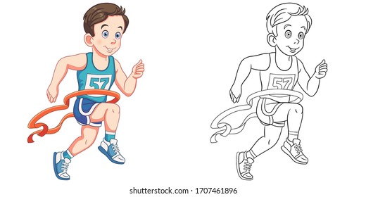 Cute runner winning marathon at the finish. Coloring page and colorful clipart character. Cartoon design for t shirt print, icon, logo, label, patch or sticker. Vector illustration.