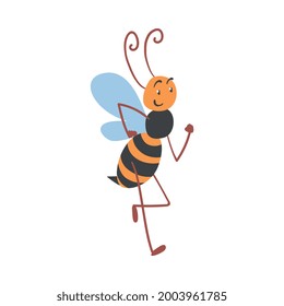 Cute Running Bee, Happy Funny Flying Insect Character Cartoon Vector Illustration