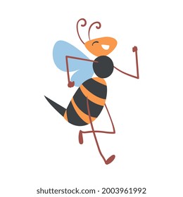 Cute Running Bee, Happy Smiling Funny Insect Character Cartoon Vector Illustration