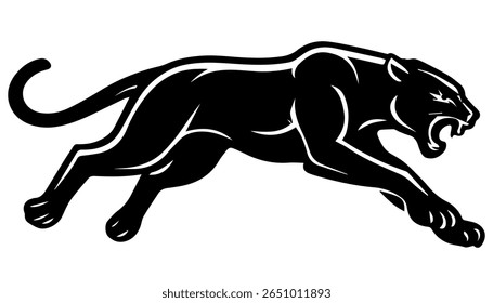 Cute running black panther silhouette vector flat illustration design, Cute running cheetah outline, Jumping panther black vector art
