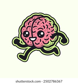 cute running brain funny illustration, vector mascot