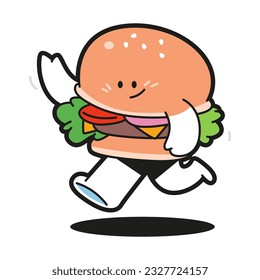 Cute running burger vector cartoon character isolated on a white background.