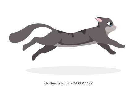 Un gato cortado. Vista lateral del pequeño gatito saltando. Adorable mascota esponjosa caminando o avanzando rápidamente. Elemento de diseño para la etiqueta adhesiva. Dibujo vectorial plano de dibujos animados aislado en fondo blanco