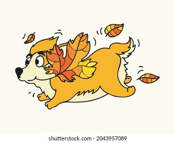 Hund mit Ahornblättern, rennend