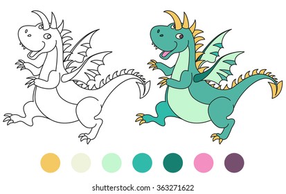 Cute running dinosaur. Coloring book. Black and White outline. Great illustration for a school books and more. VECTOR. Editorial. Education. Advertising. Board.