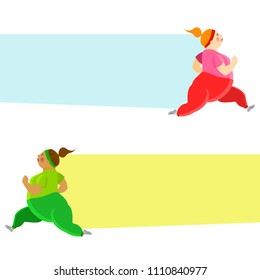 Cute running fatty women, sporting girls european and afroamerican woman runs. Vector illustration template design for flyer and poster