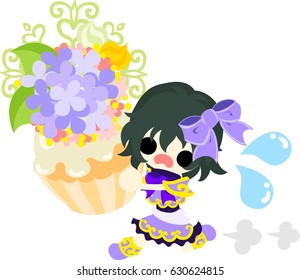 A cute running girl and a cake of hydrangeas