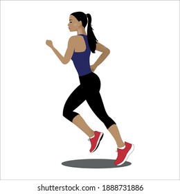 Cute running girl in cartoon style. Fitness girl walking.Motivational poster design, articles about fitness.Running woman, jogging in sportswear. Vector illustration isolated on white background.