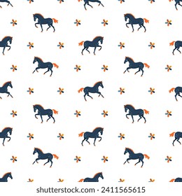 Cute running horses and flowers, seamless vector pattern