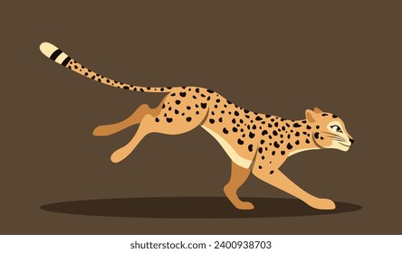 Cute running leopard. Adorable fast cheetah rushes forward. Wild cat or savannah animal in motion. Design element for poster. Cartoon flat vector illustration isolated on brown background