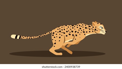 Cute running leopard. Adorable spotted predator jumps and chases its prey. Fast cheetah rushes forward. Big cat in motion.. Cartoon flat vector illustration isolated on brown background