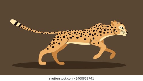 Cute running leopard. Colorful poster with spotted fast cheetah. Side view of wild savannah animal or big predator cat. Cartoon flat vector illustration isolated on brown background