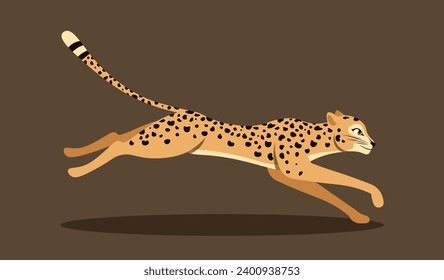 Cute running leopard. Colorful poster with fast running cheetah. Spotted predator inhabitant of savannah or jungle. Wild animal or mammal. Cartoon flat vector illustration isolated on brown background