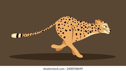 Cute running leopard. Jumping and racing cheetah inhabitant of savannah and jungle. Big cat or wild predatory animal. Design for poster. Cartoon flat vector illustration isolated on brown background