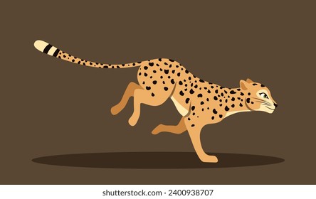 Cute running leopard. Poster of wild animal jumping, racing and chasing prey. Side view of spotted fast cheetah. Savannah animal. Cartoon flat vector illustration isolated on brown background