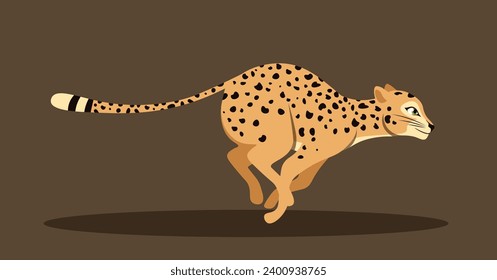 Cute running leopard. Side view of moving cheetah racing forward and chasing prey. Charming big cat or wild animal inhabitant of savannah. Cartoon flat vector illustration isolated on brown background