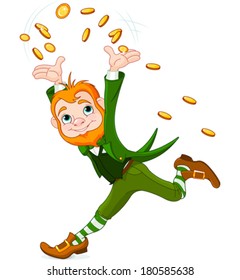  Cute running Leprechaun throwing gold coins into the air