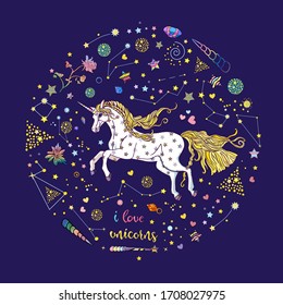 Cute running magic unicorn in cosmic garden with constellations, stars, crystals, hearts and phrase i love unicorns. Vector illustration in rainbow colors for cards, invitation, print