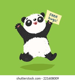 Cute running panda with "Free Hugs" banner or place for other text. Colorful vector illustration in flat style