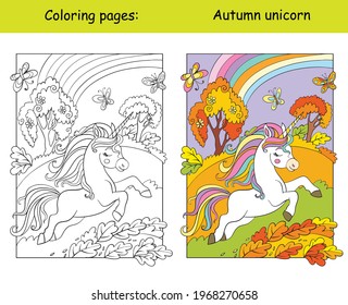 Cute running unicorn in the autumn forest. Coloring book page for children with colorful template. Vector cartoon isolated illustration. For coloring book, education, print, game, decor, puzzle,design