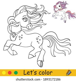 Cute running unicorn with long mane. Coloring book page with colorful template. Vector cartoon illustration isolated on white background. For coloring book, preschool education, print and game.