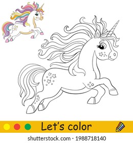 Cute running unicorn with rainbow long mane and tail. Coloring book page with colorful template for kids. Vector isolated illustration. For coloring book, print, game, education, party, design, decor