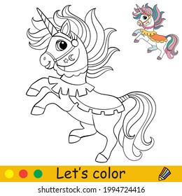 Unicornio en funcionamiento en un mazo inteligente. Colorear la página del libro con una plantilla colorida para los niños. Ilustración aislada del vector. Para libros de colorido, impresos, juegos, educación, fiesta, diseño, decoración