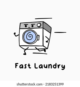 Cute running washing machine vector with fast laundry writing. Suitable for laundry logo or mascot