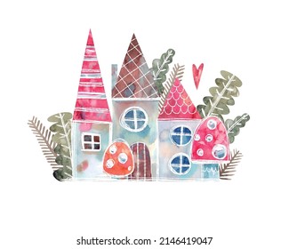 Cute rural houses in the garden of forest plants drawn in a sketch style. Fairy tale vector illustration for kids product design, nursery decoration.