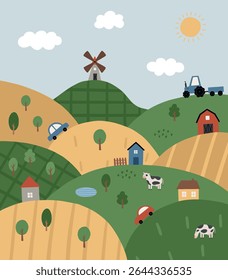 Cute rural landscape with cows. Fields, meadows, tractor, and a mill. Vector illustration