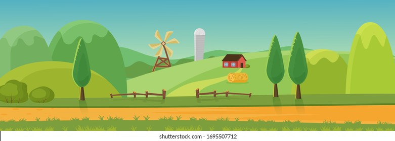 Cute rural landscape panorama with farm cartoon flat vector illustratio. Panoramic view of green fields, hills, trees, haystack, dirt road, wood hedge in front, windmill, house, grain elevator