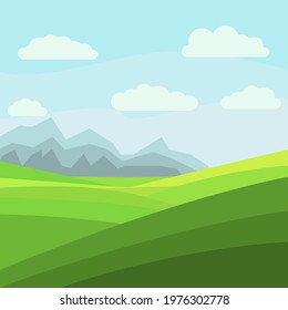 Cute rural landscape tree, field, mountains, cartoon style, vector, illustration, isolated