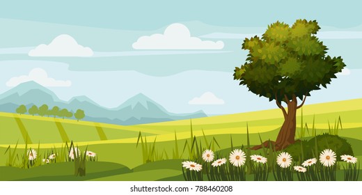 Cute rural landscape tree, field, daisy flowers, cartoon style, vector, illustration, isolated